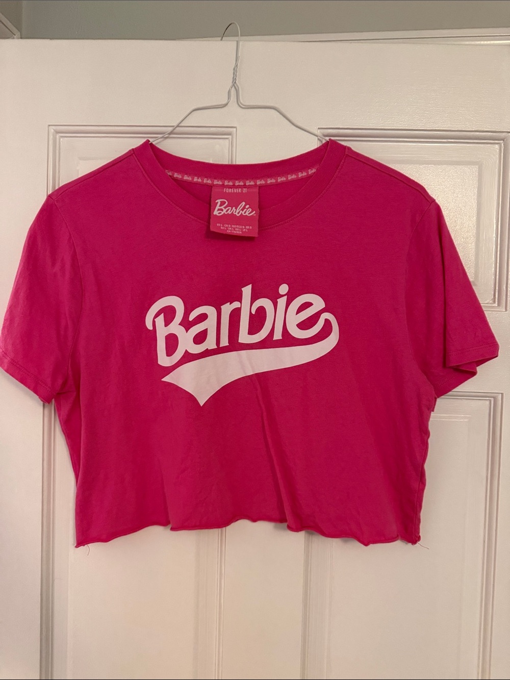 Forever 21 Barbie Bright Pink Cropped Logo Tee